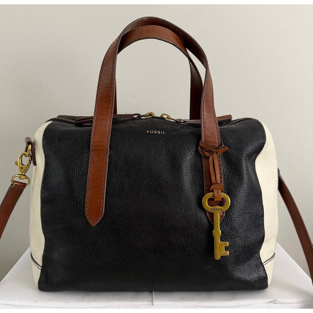 Fossil Sydney Satchel Black/White Brass Leather Crossbody Bag & Wallet